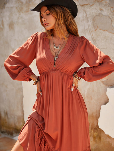 Rustic Charm: Half-Button Placket Lantern Sleeve Dress