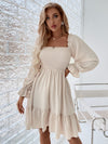 Elegant Raffin Square Neck Shirred Bodice Dress with Flounce Sleeves and Ruffle Hem