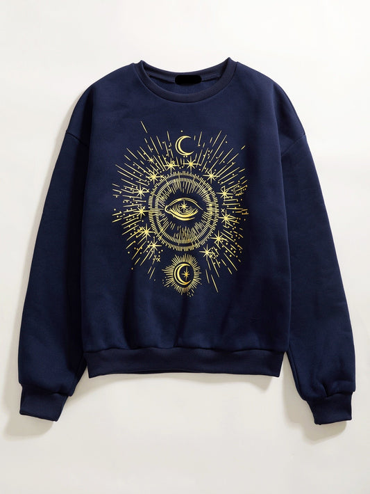 Celestial Comfort: Moon Print Drop Shoulder Sweatshirt