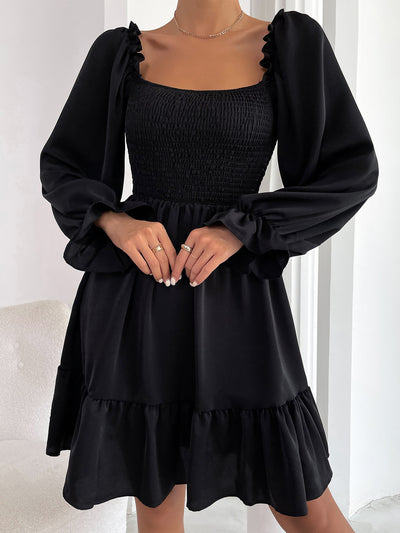 Elegant Raffin Square Neck Shirred Bodice Dress with Flounce Sleeves and Ruffle Hem