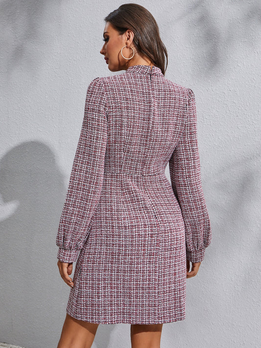 Chic Plaid Tweed Dress with Lantern Sleeves - Elevate Your Style