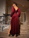 Sparkling Surplice: Glitter Dress with Bishop Sleeves and Split Thigh