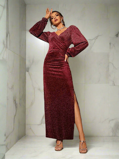 Sparkling Surplice: Glitter Dress with Bishop Sleeves and Split Thigh