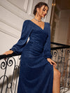 Sparkling Surplice: Glitter Dress with Bishop Sleeves and Split Thigh