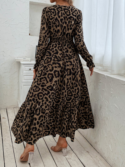 Wild Beauty Leopard Print Flounce Sleeve Shirred Dress