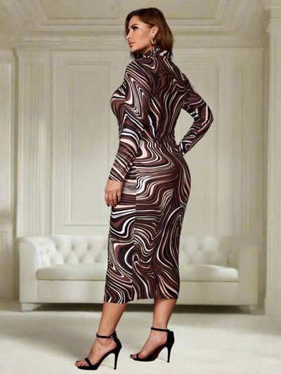 Chic and Stylish Plus Size Mock Neck Marbled Bodycon Dress