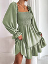 Elegant Raffin Square Neck Shirred Bodice Dress with Flounce Sleeves and Ruffle Hem