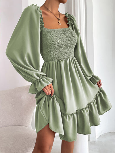 Elegant Raffin Square Neck Shirred Bodice Dress with Flounce Sleeves and Ruffle Hem