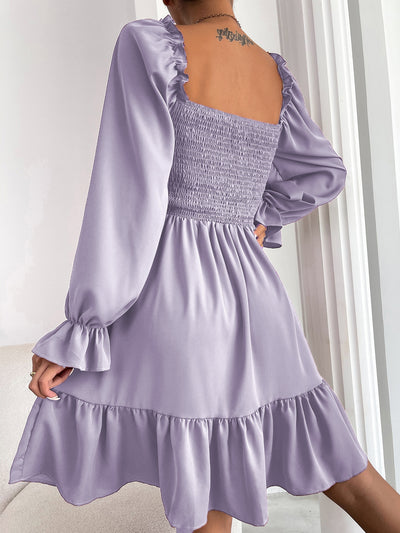 Elegant Raffin Square Neck Shirred Bodice Dress with Flounce Sleeves and Ruffle Hem