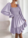 Elegant Raffin Square Neck Shirred Bodice Dress with Flounce Sleeves and Ruffle Hem