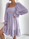 Elegant Raffin Square Neck Shirred Bodice Dress with Flounce Sleeves and Ruffle Hem