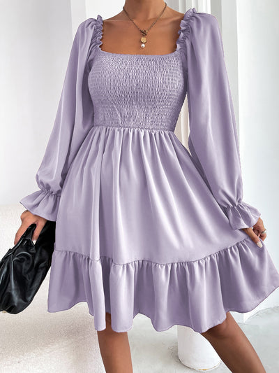 Elegant Raffin Square Neck Shirred Bodice Dress with Flounce Sleeves and Ruffle Hem