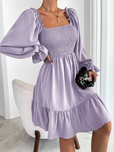 Elegant Raffin Square Neck Shirred Bodice Dress with Flounce Sleeves and Ruffle Hem