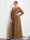 Chic Plus-Size Leopard Print Plunging Neck and Split Thigh Dress