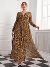 Chic Plus-Size Leopard Print Plunging Neck and Split Thigh Dress