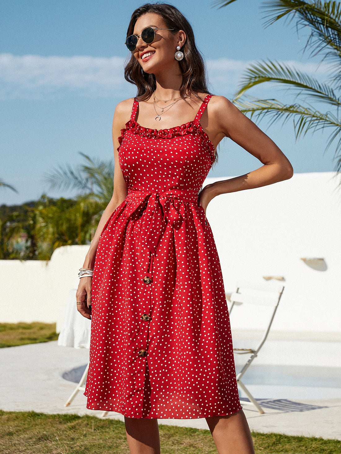 Dance into the New Year with style in our Chic Maxi Polka Dot Dress! Featuring a flirty frill trim and a flattering belt, this dress will surely turn heads. Perfect for any New Year celebration, you'll stand out in the crowd with this playful and stylish dress!