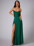 Dark green satin maxi dress front view with draped neckline and slit