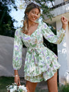 Expertly crafted with a playful floral print, this romper features delicate lantern sleeves and layered ruffles for a feminine touch. Effortlessly cinch your waist with the included belted detail for a flattering silhouette. Perfect for any occasion, this romper will make a statement and keep you feeling stylish and comfortable.