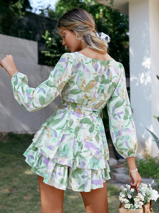 Floral Print Lantern Sleeve Romper with Belted Layered Ruffles