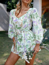 Floral Print Lantern Sleeve Romper with Belted Layered Ruffles