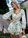 Floral Print Lantern Sleeve Romper with Belted Layered Ruffles