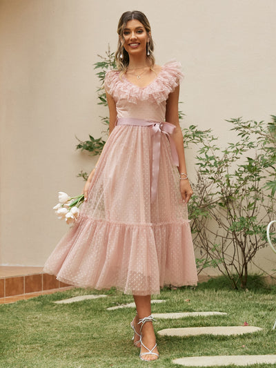 Dreamy Dobby Mesh Dress with Ruffle Trim and Belt