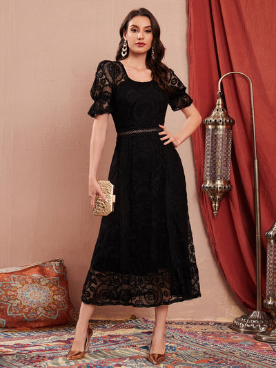 This chic and elegant <a href="https://canaryhouze.com/collections/women-dresses" target="_blank" rel="noopener">dress</a> features flounce sleeves, a feminine ruffle hem, and delicate lace details. Perfect for any occasion, this dress exudes sophistication and grace. The flounce sleeves add a touch of whimsy and the ruffle hem adds an eye-catching element.&nbsp;