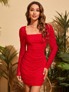 Radiant Ruched Mesh Overlay Dress with Frill Trim and Gigot Sleeves