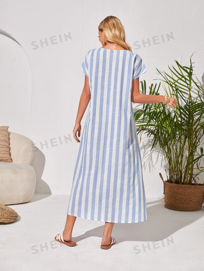 Chic and Sophisticated: Striped Sleeve Slit Front Tunic Dress