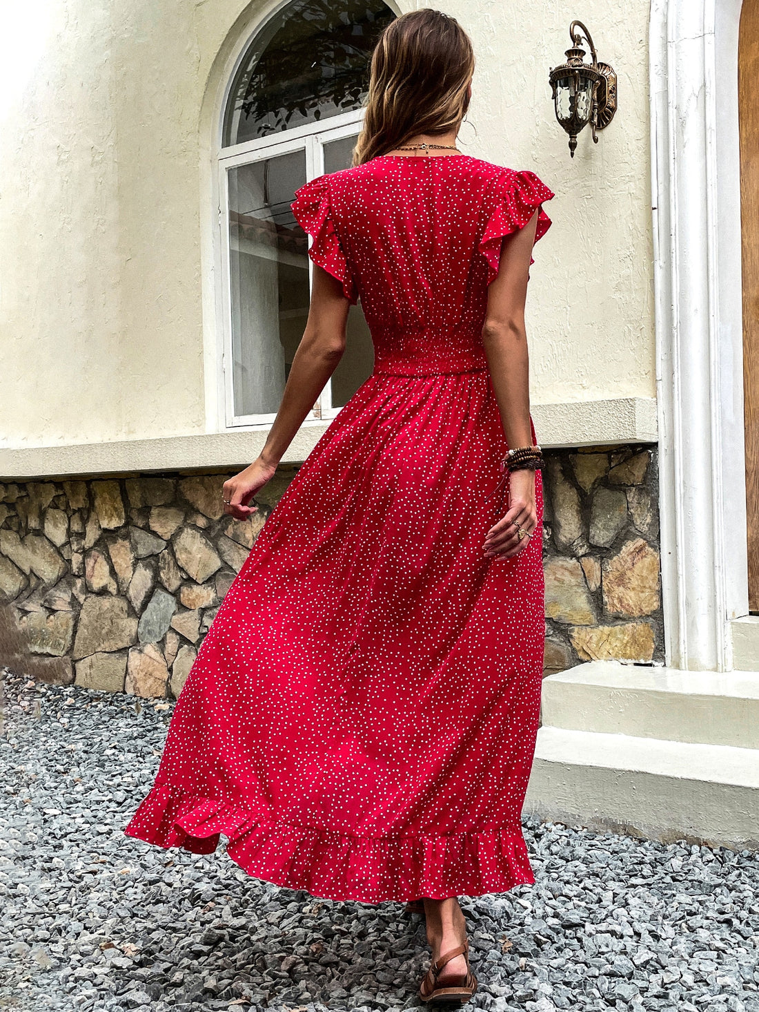 Upgrade your style effortlessly with our Chic Polka Dot Butterfly Sleeve Ruffle Wrap Dress. The unique butterfly sleeves and ruffle wrap design add a touch of elegance to any outfit. Perfect for any occasion, this dress will make you stand out in a crowd.