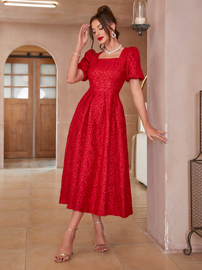 Chic Embossed Puff Sleeve Dress with Square Neckline