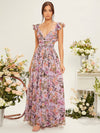 Sweet Floral Charm: Backless Ruffle Trim Dress with Lace-Up Detail