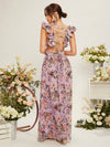 Sweet Floral Charm: Backless Ruffle Trim Dress with Lace-Up Detail