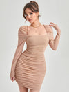 Radiant Ruched Mesh Overlay Dress with Frill Trim and Gigot Sleeves