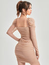 Radiant Ruched Mesh Overlay Dress with Frill Trim and Gigot Sleeves