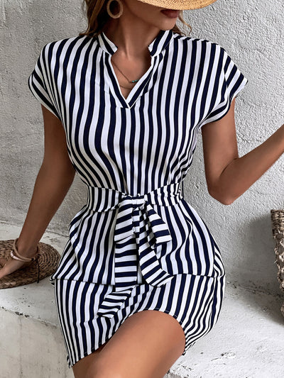 Chic and Sophisticated: Striped Print Notched Neckline Batwing Sleeve Belted Dress