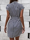 Chic and Sophisticated: Striped Print Notched Neckline Batwing Sleeve Belted Dress