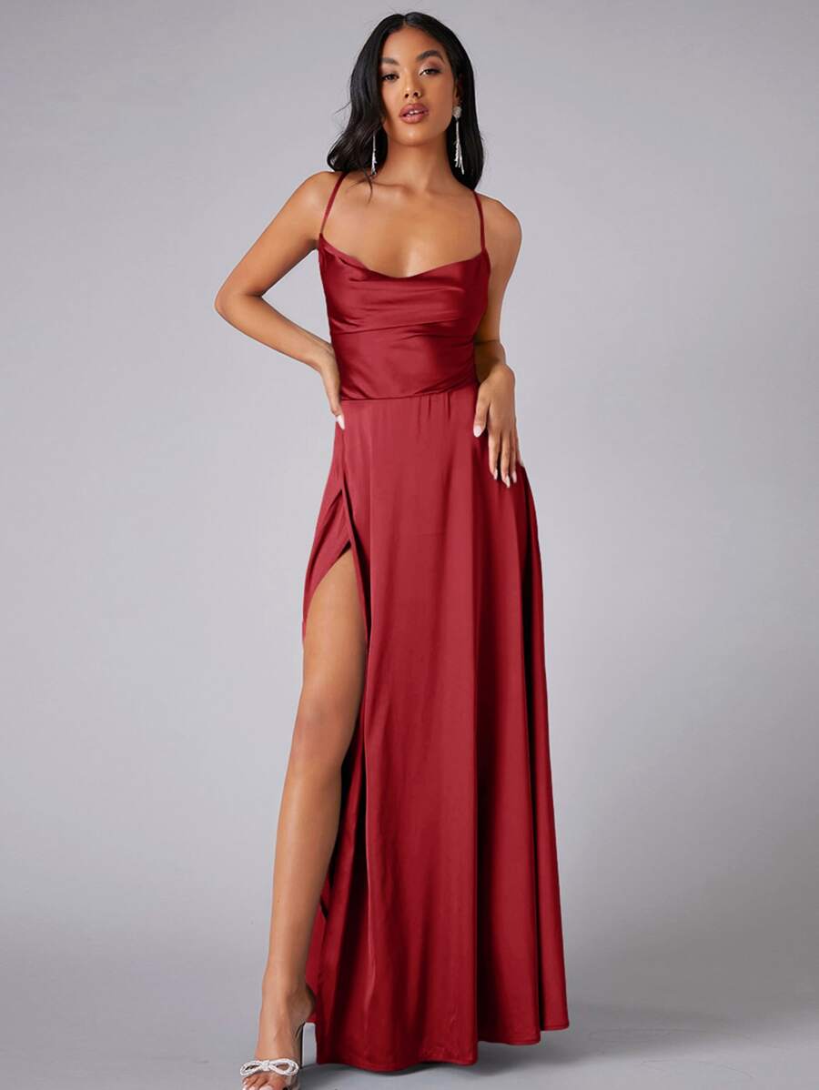 Burgundy satin maxi dress front view with draped neckline and slit