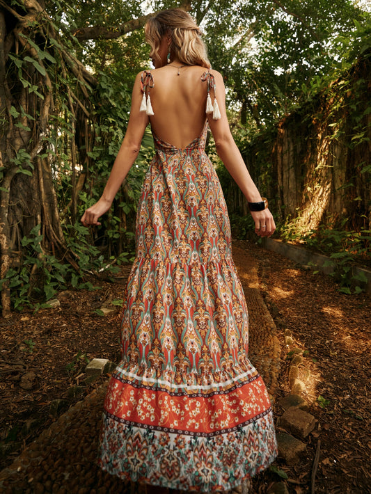 Blossoming Beauty: Boho Floral Print Cami Dress with Tie Shoulders and Ruffle Hem