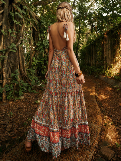 Blossoming Beauty: Boho Floral Print Cami Dress with Tie Shoulders and Ruffle Hem