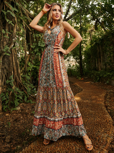 Blossoming Beauty: Boho Floral Print Cami Dress with Tie Shoulders and Ruffle Hem