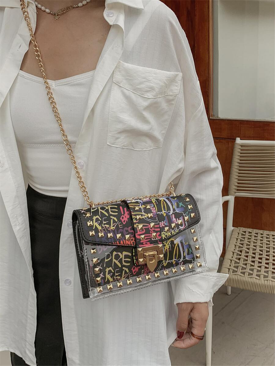 Add a splash of fun to your outfit with this Colorful Letter Graphic Studded Flap Square Bag. Featuring bright, eye-catching letters and edgy studs, it’s a playful mix of bold style and practical design. Perfectly sized to hold your essentials, this trendy purse makes a vibrant statement wherever you go!