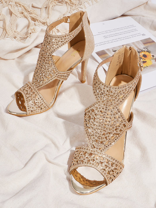 Crafted with stunning gold material and adorned with sparkling rhinestones, these stiletto heels will elevate any outfit to a glamorous level. Perfect for special occasions or when you want to make a statement, these heels are expertly designed for comfort and style.