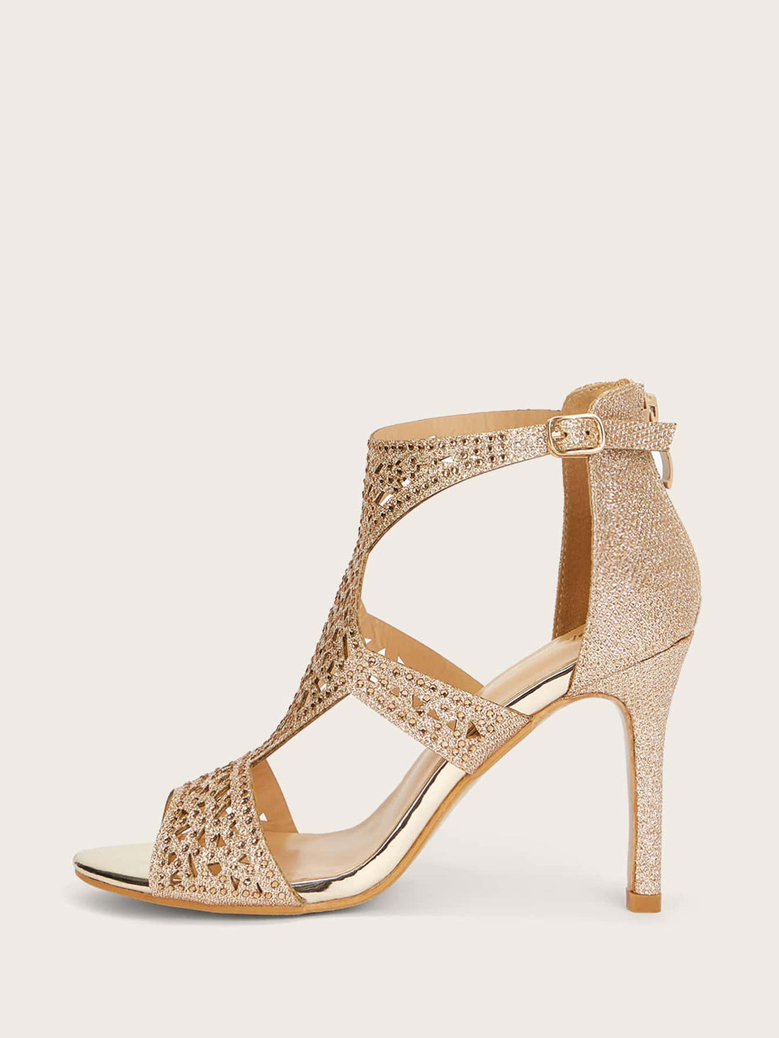 Crafted with stunning gold material and adorned with sparkling rhinestones, these stiletto heels will elevate any outfit to a glamorous level. Perfect for special occasions or when you want to make a statement, these heels are expertly designed for comfort and style.