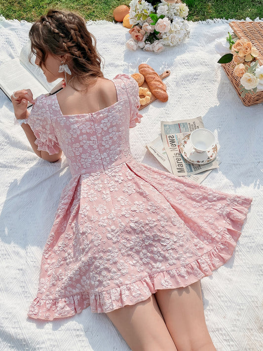 Blooming Elegance: Square Neck Bow Front Floral Jacquard Dress