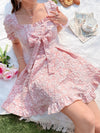 Blooming Elegance: Square Neck Bow Front Floral Jacquard Dress