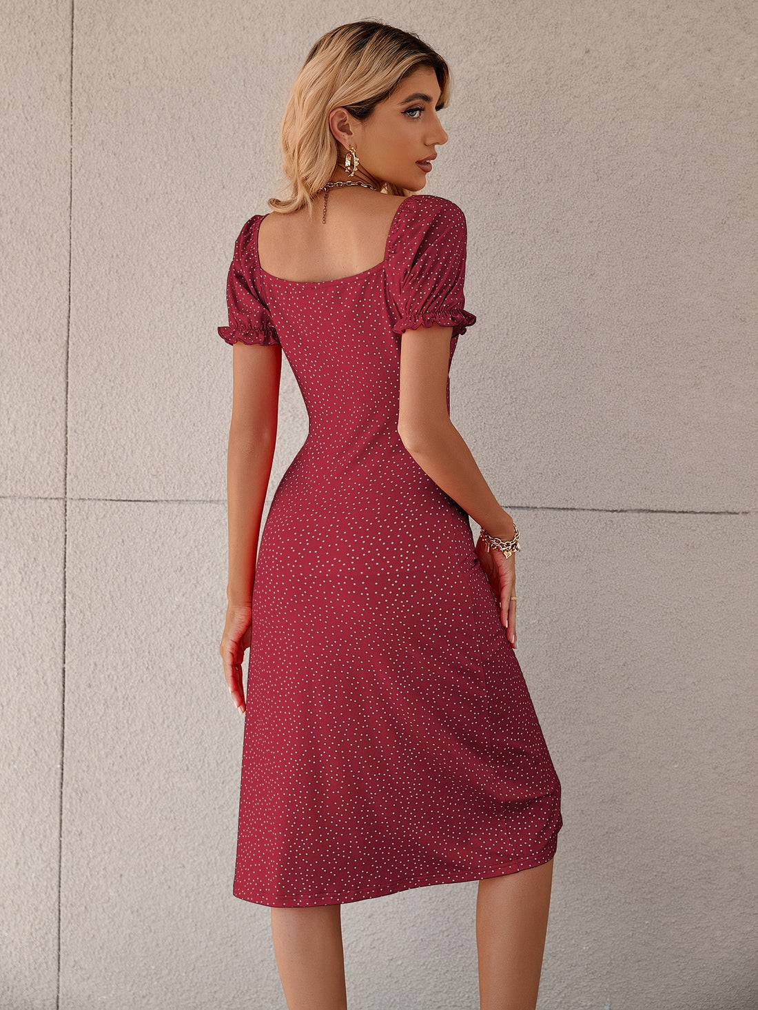 Unleash your inner fashionista with our Chic Burgundy Polka Dot Maxi Dress. Featuring playful puff sleeves and a trendy tie-front detail, this dress will bring a touch of whimsy to your wardrobe. Perfect for any occasion, stand out in style with this maxi dress.