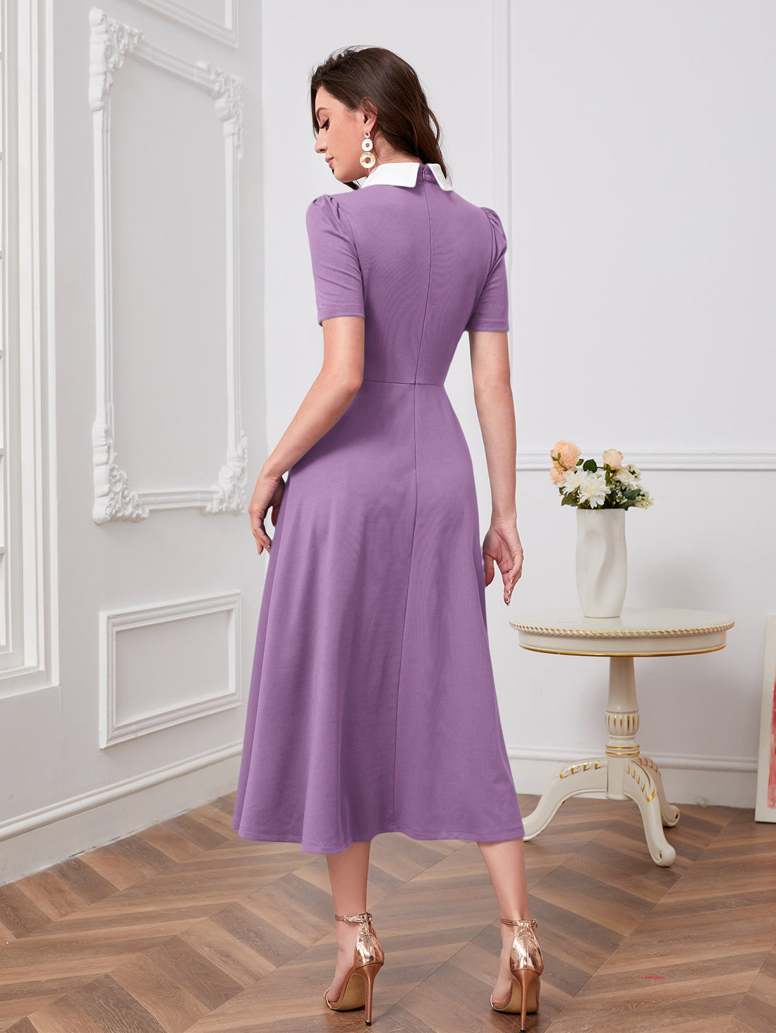 Add a touch of playful charm to your wardrobe with our Chic Floral Embroidery Contrast Collar Dress in Lilac Purple. The delicate embroidery and contrasting collar add a touch of quirkiness to this chic dress, perfect for any occasion. (Seriously, though, it's the cutest dress ever!)