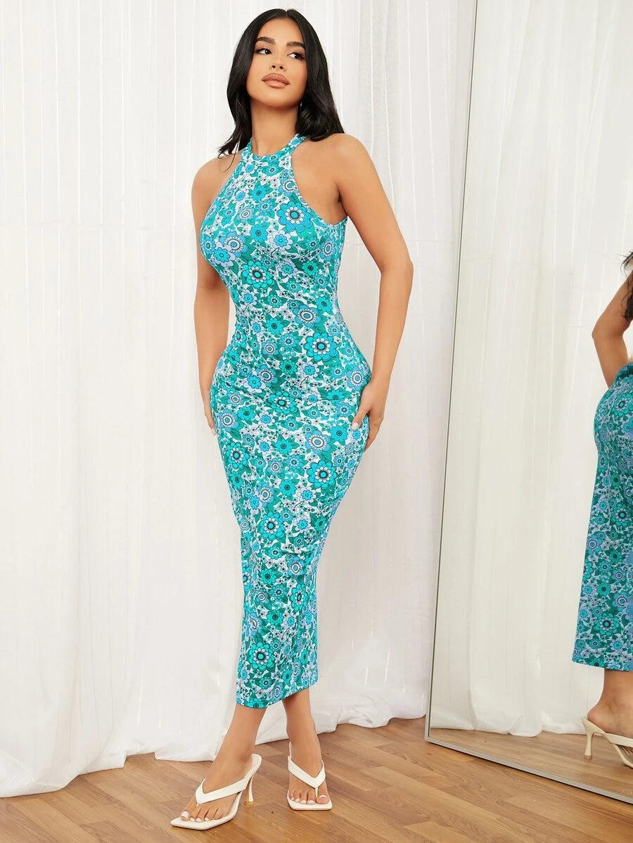 Angled front view of turquoise boho floral halter dress