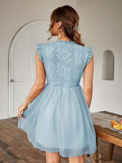 Chic and Elegant: Contrast Lace Ruffle Scallop Trim Mesh Dress